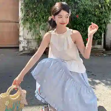 东鲸岁时记 甜美清新海边度假风挂脖拉链裙装套装 女款 礼盒装 白上衣+蓝色下裙（含内衬）