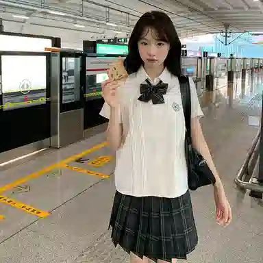 东鲸岁时记 学院风翻领刺绣贴袋短袖衬衫格纹短裙制服 女款