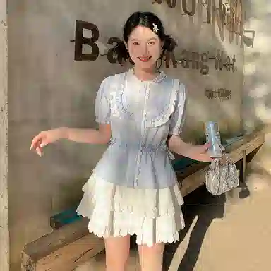 东鲸岁时记 法式气质全棉法式独特绝美小花边半身裙裙装套装萝莉装 女款 礼盒装 蓝色甜茶曼波上衣+短裙（内含打底裤） 买赠裙夹