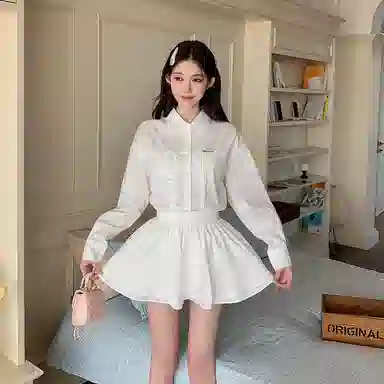 东鲸岁时记 法式气质长袖衬衫设计感小众蛋糕裙裙装套装 女款 礼盒装 长袖衬衫+白色短裙（含打底裤） 买赠衣架