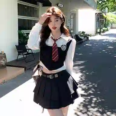 东鲸岁时记 学院风修身辣妹收腰假两件上衣学姐感文艺风纯色百褶半裙制服 春秋季 女款 礼盒装 黑色+白色
