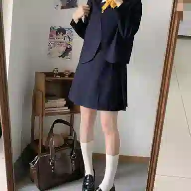 东鲸岁时记 学院风纯色气质西服休闲舒适上衣高腰合身短裙制服 女款 绀色