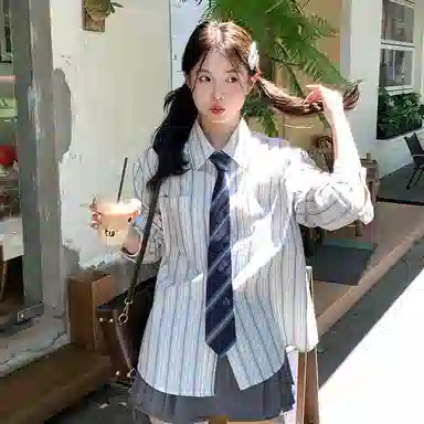 东鲸岁时记 韩剧女主穿搭学院风衬衣小衫松弛感宽松休闲外套文艺风学姐感职场通勤条纹长袖衬衫 男女同款 雾霾蓝