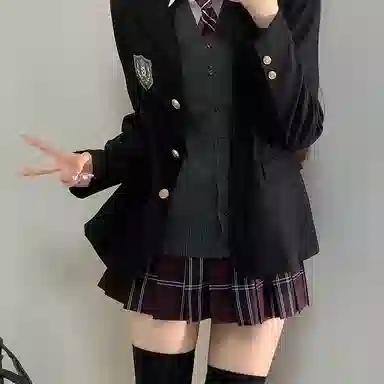 东鲸岁时记 学院风开学季舒适上衣格纹中腰合身半裙制服 女款 黑色