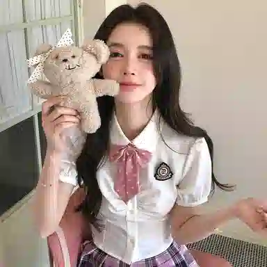 东鲸岁时记 纯色舒适修身收腰短袖衬衫百褶时尚半身裙制服 女款