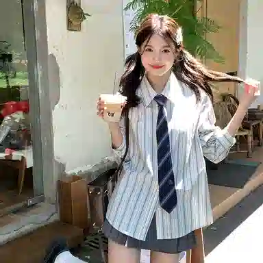 东鲸岁时记 韩剧女主穿搭学院风衬衣小衫松弛感宽松休闲外套文艺风学姐感职场通勤条纹长袖衬衫 男女同款 雾霾蓝