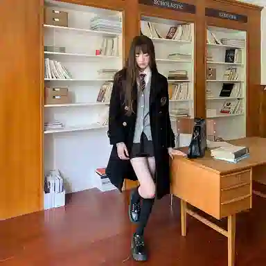 东鲸岁时记 毛呢学院风双排扣西装领长袖大衣 女款 黑色