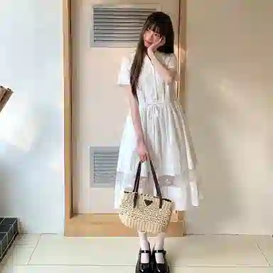 东鲸岁时记 法式气质通勤纯色简约舒适短袖连衣裙 女款 礼盒装 白色连衣裙（含内衬 腰部抽绳设计）