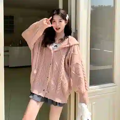 东鲸岁时记 纯色连帽单排扣学院风韩系宽松松弛感休闲开衫毛衣 男女同款 粉色