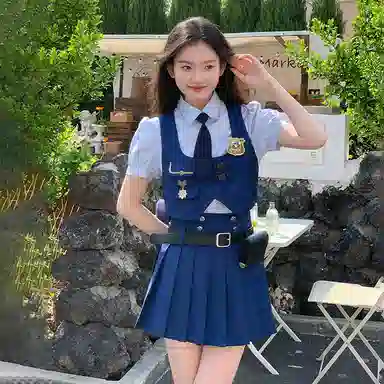 东鲸岁时记 心动突击学院风伯克利女孩夏日多巴胺穿搭纽扣短袖衬衫马甲中腰修身半身裙制服 春夏季 女款 礼盒装