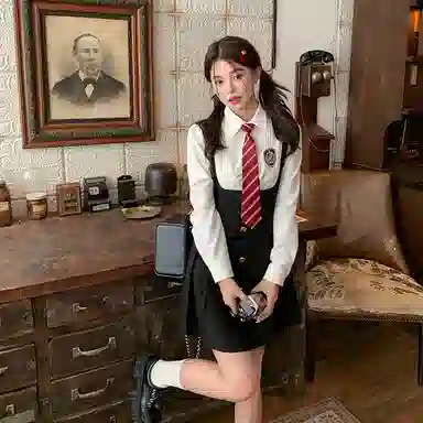 东鲸岁时记 学院风温柔学姐风职场微辣裙撞色修身收腰休闲衬衫连衣裙制服 春秋季 女款 礼盒装 黑白