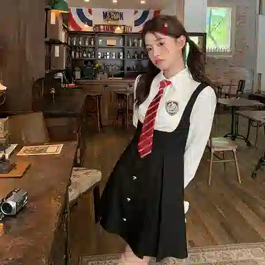 东鲸岁时记 学院风温柔学姐风职场微辣裙撞色修身收腰休闲衬衫连衣裙制服 春秋季 女款 礼盒装 黑白