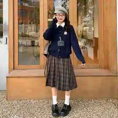 东鲸岁时记 慵懒风学院风高级感针织开衫舒适长袖衬衫格纹半身裙裙装套装 女款