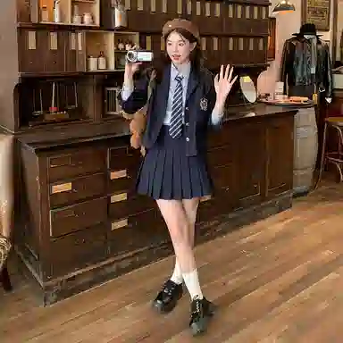 东鲸岁时记 学院风高级感伯克利修身上衣外套通勤职场微辣文艺风纯色短款西装 秋季 女款 礼盒装 藏青色