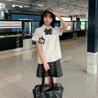 东鲸岁时记 学院风毕业季日系简约显瘦刺绣短袖衬衫碳素笔格裙短款半身裙制服 女款