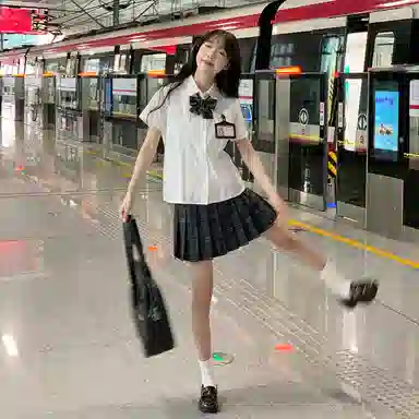 东鲸岁时记 学院风翻领刺绣贴袋短袖衬衫格纹短裙制服 女款