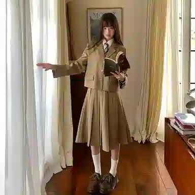 东鲸岁时记 学院风时尚纯色中腰百褶长款半身休闲长裙 女款 棕色