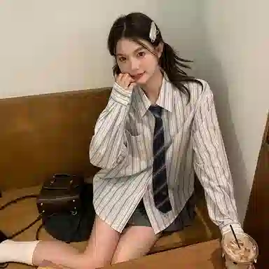 东鲸岁时记 韩剧女主穿搭学院风衬衣小衫松弛感宽松休闲外套文艺风学姐感职场通勤条纹长袖衬衫 男女同款 雾霾蓝