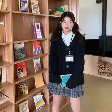 东鲸岁时记 学院风海军领复古绞花上衣毛衣外套学姐感松弛感宽松文艺风经典格纹半裙穿搭一整套裙装套装 秋冬季 女款 礼盒装 米白色