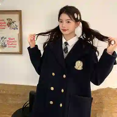 东鲸岁时记 海军领毛呢学院风牛角扣单排扣呢子大衣 女款 绀色