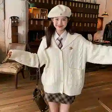 东鲸岁时记 学院风海军领复古绞花上衣毛衣外套学姐感松弛感宽松文艺风经典格纹半裙穿搭一整套裙装套装 秋冬季 女款 礼盒装 米白色