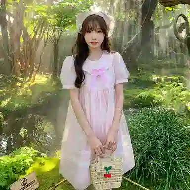 东鲸岁时记 可爱甜美独特绝美小裙子短袖连衣裙萝莉装 女款 粉色