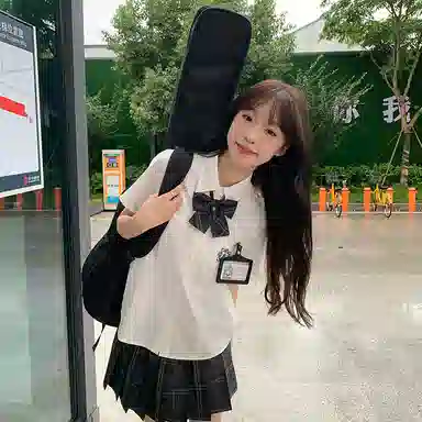 东鲸岁时记 学院风尖领褶皱上衣中腰合身可爱下衣制服 女款 白色+黑色