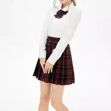 东鲸岁时记 纯色长袖衬衫百褶格纹短裙蝴蝶结制服套装 女款