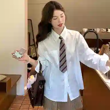 东鲸岁时记 学院风高级感翻领短款气质上衣简约温柔风职场辣妹舒适通勤长袖衬衫制服 春秋季 女款 礼盒装 白色