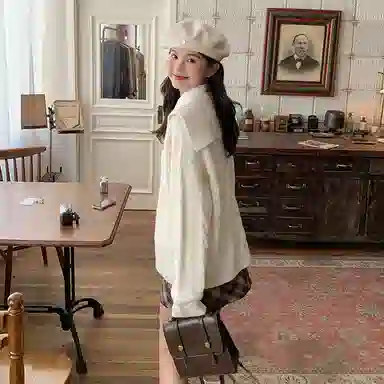 东鲸岁时记 学院风海军领复古绞花上衣毛衣外套学姐感松弛感宽松文艺风经典格纹半裙穿搭一整套裙装套装 秋冬季 女款 礼盒装 米白色