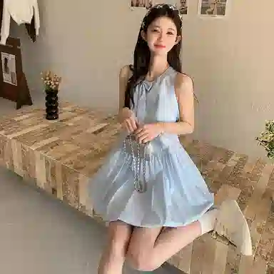 东鲸岁时记 高级感收腰性感纯欲无袖连衣裙 女款 礼盒装 蓝色