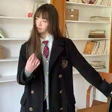 东鲸岁时记 毛呢学院风双排扣西装领长袖大衣 女款 黑色