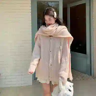 东鲸岁时记 学院风宽松韩系开衫单排扣长袖毛衣 男女同款 粉色