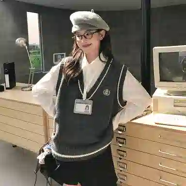 东鲸岁时记 学院风纯色刺绣套头马甲针织衫休闲外套裙子裙装套装 秋冬季 女款 灰色+黑色