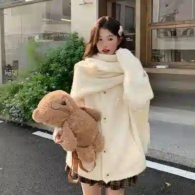 东鲸岁时记 学院风宽松韩系穿搭纯色开衫单排扣指头围巾长袖毛衣 男女同款 米白色