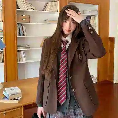 东鲸岁时记 学院风美拉德纯色徽章单排扣宽松直筒长袖西装 男女同款 棕咖色