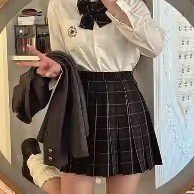 东鲸岁时记 学院风开学季尖领长袖衬衫中腰修身半裙制服 女款 白色+黑色