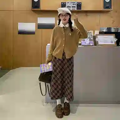 东鲸岁时记 慵懒学院风高级感针织开衫毛衣长袖衬衫格纹长裙裙装套装 女款