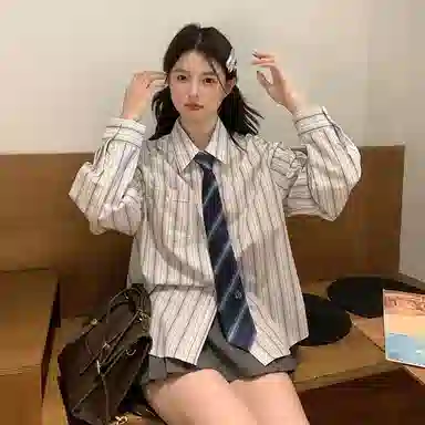 东鲸岁时记 韩剧女主穿搭学院风衬衣小衫松弛感宽松休闲外套文艺风学姐感职场通勤条纹长袖衬衫 男女同款 雾霾蓝