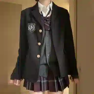 东鲸岁时记 学院风修身收腰西装高智感穿搭纯色格子百褶裙长袖衬衫针织开衫套装制服 女款