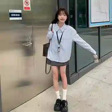 东鲸岁时记 学院风通勤日常上衣纯色高腰宽松半裙制服 女款 水蓝色