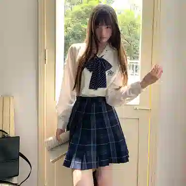 东鲸岁时记 学院风刺绣蝴蝶结直筒长袖衬衫高腰半身裙制服 女款
