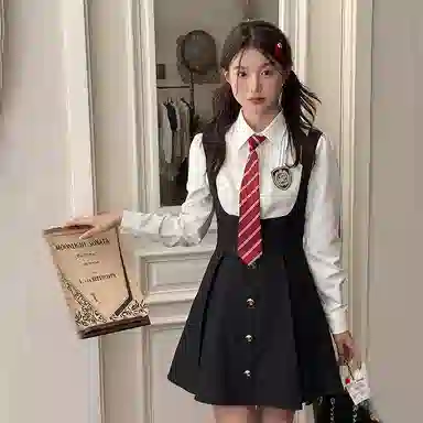 东鲸岁时记 学院风温柔学姐风职场微辣裙撞色修身收腰休闲衬衫连衣裙制服 春秋季 女款 礼盒装 黑白