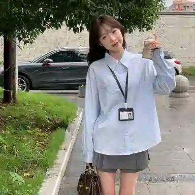 东鲸岁时记 学院风通勤日常上衣纯色高腰宽松半裙制服 女款 水蓝色