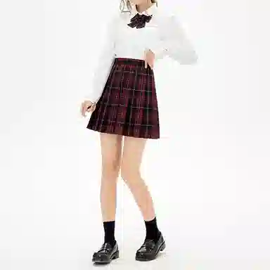 东鲸岁时记 纯色长袖衬衫百褶格纹短裙蝴蝶结制服套装 女款