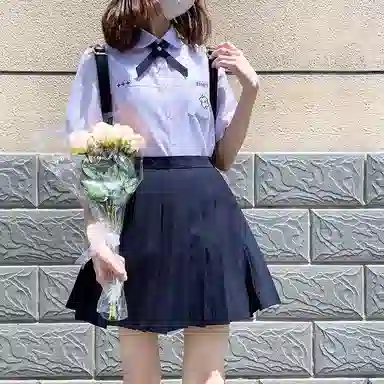东鲸岁时记 泰式校服毕业季小清新穿搭学院风套装夏日多巴胺一整套翻领泡泡袖领结短袖衬衫纯色舒适百褶半身裙制服 女款 礼盒装