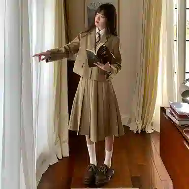 东鲸岁时记 学院风时尚纯色中腰百褶长款半身休闲长裙 女款 棕色