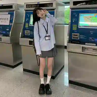 东鲸岁时记 学院风通勤日常上衣纯色高腰宽松半裙制服 女款 水蓝色