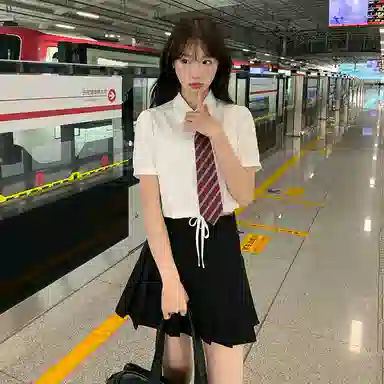 东鲸岁时记 学院风尖领辣妹风上衣百褶高腰下衣制服 女款 白色+黑色