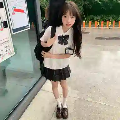 东鲸岁时记 学院风尖领褶皱上衣中腰合身可爱下衣制服 女款 白色+黑色